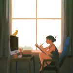  1girl backlighting barefoot bird black_eyes black_hair book calligraphy_brush chair cockatiel coffee_mug cup desk drawing hair_bun indoors mikami_yui monitor mug notebook original paintbrush profile short_hair shorts sitting smile solo tank_top window 