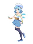  1girl arms_up bare_arms bare_shoulders blue_eyes blue_footwear blue_hair blue_panties blue_skirt bracelet card cato_(monocatienus) cirno commentary_request cosplay dress endro! flower full_body furrowed_eyebrows garter_straps hair_between_eyes hat hat_flower holding holding_card jewelry light_smile looking_at_viewer meiza_endust meiza_endust_(cosplay) navy_blue_legwear panties pantyshot pantyshot_(standing) short_hair side_slit simple_background skirt sleeveless sleeveless_dress solo standing standing_on_one_leg strapless strapless_dress thigh-highs touhou underbust underwear white_background white_hat 