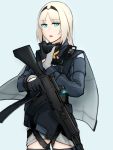  1girl absurdres an-94 an-94_(girls_frontline) assault_rifle bangs blue_background blue_eyes cape girls_frontline gloves grey_legwear gun hairband highres holding holding_gun holding_weapon long_hair long_sleeves looking_at_viewer rifle silver_hair simple_background solo standing thigh-highs toby000777 trigger_discipline weapon 