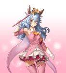  1girl animal_ears armpits ascot athenawyrm blue_hair blush boots brown_eyes cosplay cowboy_shot detached_sleeves embarrassed ferry_(granblue_fantasy) floating_hair gloves gradient gradient_background granblue_fantasy hair_between_eyes holding holding_staff layered_skirt long_hair long_sleeves miniskirt pink_background pink_footwear pink_sleeves pleated_skirt prisma_illya prisma_illya_(cosplay) skirt solo staff standing thigh-highs thigh_boots thigh_strap very_long_hair white_gloves white_skirt yellow_neckwear 