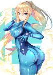  1girl ass blonde_hair blue_bodysuit blue_eyes bodysuit breasts commentary_request highres long_hair looking_at_viewer medium_breasts metroid nintendo ponytail racket_ti1 samus_aran solo zero_suit 