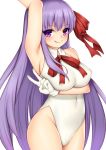  1girl :q arm_up armpits bb_(fate)_(all) bb_(swimsuit_mooncancer)_(fate) breasts covered_navel eyebrows_visible_through_hair fate/grand_order fate_(series) gloves hair_ribbon large_breasts leotard long_hair looking_at_viewer purple_hair red_ribbon ribbon simple_background sleeveless solo tongue tongue_out toshishikisai v very_long_hair violet_eyes white_background white_gloves white_leotard 