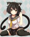  1girl ahoge animal_ear_fluff animal_ears argyle argyle_background bangs black_hair black_legwear blush bokunenjin breasts brown_eyes cat_ears cat_girl cat_tail closed_mouth commentary curvy disconnected_mouth hair_twirling hand_up highres large_breasts looking_at_viewer miniskirt navel neckerchief no_shoes original pleated_skirt sailor_collar school_uniform serafuku shadow shiny shiny_hair shirt short_hair short_sleeves sitting skirt solo stomach tail thick_thighs thigh-highs thighs wariza white_shirt yellow_neckwear 