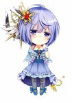  1girl ahoge blue_eyes blue_hair blush bow breasts chibi cleavage flower_knight_girl frills frown gem highres ipheion_(flower_knight_girl) looking_at_viewer medium_breasts shironeko_haru short_hair solo violet_eyes 