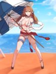  1girl :d absurdres ahoge anklet arm_garter bangs bare_arms bare_legs bare_shoulders beach beach_umbrella bikini blue_sky blurry blurry_background blush breasts brown_footwear brown_hair cleavage collarbone day depth_of_field eyebrows_visible_through_hair frilled_bikini frills full_body girls_frontline gluteal_fold green_eyes hair_between_eyes highres holding horizon jewelry large_breasts leg_garter legs_together looking_at_viewer m1903_springfield_(girls_frontline) neck_garter ocean open_mouth outdoors sash shawl sky smile solo standing swimsuit umbrella water wrist_cuffs xiangxian_(sangheon23) 