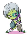  1girl armor bidarian boots cheelai chibi dragon_ball dragon_ball_super_broly expressionless eyelashes fanny_pack full_body gloves grey_hair gun handgun looking_away pistol scouter shadow short_hair simple_background solo spread_legs standing violet_eyes weapon white_background white_gloves 