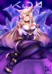  1girl ahri animal_ears bare_shoulders blonde_hair bracelet breasts choker cleavage fox_ears fox_tail full_body gainoob heart idol jewelry k/da_(league_of_legends) k/da_ahri large_breasts league_of_legends long_hair looking_at_viewer makeup multiple_tails parted_lips sitting smile solo tail thigh-highs whisker_markings yellow_eyes 