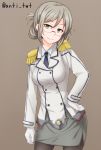  anti_(untea9) blouse double-breasted epaulettes glasses gloves green_eyes grey_blouse hand_on_hip highres kantai_collection katori_(kantai_collection) light_brown_hair military military_uniform necktie pantyhose simple_background skirt smile twitter_username uniform white_gloves 