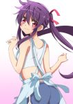  1girl absurdres apron bare_shoulders blush ebisuzawa_kurumi from_behind gakkou_gurashi! highres long_hair looking_back purple_hair shorts sinakyo twintails violet_eyes 