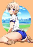  1girl absurdres bloomers blue_eyes blush from_side gakkou_gurashi! gym_uniform highres kneeling looking_back naoki_miki shoes short_hair short_sleeves silver_hair sinakyo underwear uwabaki 