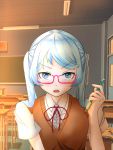  1girl alternate_costume arm_up bespectacled blue_eyes brown_sweater_vest chalkboard classroom commentary_request desk eyebrows_visible_through_hair furrowed_eyebrows glasses hatsune_miku holding holding_pencil indoors light_blue_hair light_blush looking_at_viewer mechanical_pencil neck_ribbon open_mouth pencil red-framed_eyewear red_ribbon ribbon sayaka_(makiasanww) school_desk school_uniform shirt short_hair short_sleeves solo sweater_vest twilight twintails upper_body upper_teeth vocaloid white_shirt 