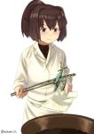  1girl apron brown_eyes brown_hair chopsticks commentary_request e16a_zuiun hair_ribbon ise_(kantai_collection) kantai_collection long_sleeves misumi_(niku-kyu) ponytail ribbon solo twitter_username waist_apron wok 