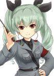  1girl anchovy anzio_military_uniform bangs belt black_belt black_neckwear black_ribbon black_shirt buchikaki closed_mouth commentary dress_shirt drill_hair eyebrows_visible_through_hair girls_und_panzer green_hair grey_jacket hair_ribbon hand_on_hip highres holding jacket long_hair long_sleeves looking_at_viewer military military_uniform necktie red_eyes ribbon riding_crop sam_browne_belt shirt simple_background smile solo twin_drills twintails uniform upper_body white_background 