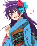  1girl absurdres blush ebisuzawa_kurumi fang flower gakkou_gurashi! hair_flower hair_ornament heart highres japanese_clothes kimono long_hair open_mouth purple_hair sash sinakyo violet_eyes 