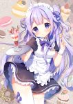  1girl :o ahoge alternate_costume apron azur_lane bangs black_dress blush bow breasts center_frills collared_dress commentary_request doughnut dress enmaided eyebrows_visible_through_hair food frills hair_bun hair_ribbon head_tilt holding holding_spoon holding_tray ice_cream long_hair macaron maid maid_apron maid_headdress mauve one_side_up parfait parted_lips puffy_short_sleeves puffy_sleeves purple_bow purple_hair purple_ribbon ribbon short_sleeves side_bun small_breasts solo spoon thigh-highs tray unicorn_(azur_lane) very_long_hair violet_eyes white_apron white_legwear wrist_cuffs 