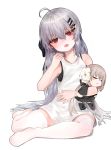  1girl :o absurdres ahoge aug_(girls_frontline) bangs bare_arms bare_shoulders black_bra black_ribbon blush bra brown_hair character_doll character_request dokomon dress eyebrows_visible_through_hair fang flower girls_frontline hair_between_eyes hair_ornament hair_ribbon hairclip hand_up head_tilt highres iws-2000_(girls_frontline) long_hair no_shoes object_hug open_mouth red_eyes ribbon silver_hair simple_background sleeveless sleeveless_dress solo steyr_aug_(girls_frontline) tears thigh-highs underwear very_long_hair white_background white_dress white_flower white_legwear 