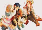  1boy 2girls basket bead_necklace beads blue_hair boots brother_and_sister brown_hair cape closed_eyes closed_mouth fire_emblem fire_emblem:_souen_no_kiseki fire_emblem_heroes flower from_side grey_background hair_flower hair_ornament head_wreath high_heel_boots high_heels ho_kiho holding holding_staff ike jewelry legs_crossed long_hair long_sleeves mist_(fire_emblem) multiple_girls musical_note necklace nintendo open_mouth pink_ribbon redhead ribbon short_hair short_sleeves siblings simple_background sitting staff tiamat_(fire_emblem) twitter_username 