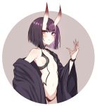  1girl bangs blunt_bangs blush breasts commentary eyebrows_visible_through_hair eyeshadow fate/grand_order fate_(series) fingernails horns kimono_removed looking_at_viewer makeup navel oni_horns pokan_(xz1128) purple_hair revealing_clothes sharp_fingernails short_hair shuten_douji_(fate/grand_order) small_breasts smile solo violet_eyes 