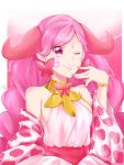  1girl animal_print breasts commentary_request cow_print earrings highres horns jewelry long_skirt nail_polish pink_hair precure princess_taurus_(precure) sash skirt sleeveless solo star star-shaped_pupils star_twinkle_precure symbol-shaped_pupils yu062424 
