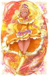  1girl amamiya_erena blonde_hair boots circlet closed_mouth cure_soleil dress earrings fire frilled_dress frills full_body hair_ornament hanzou highres jewelry knee_boots long_hair looking_at_viewer magical_girl mole mole_under_eye orange_background orange_dress precure smile solo star star_hair_ornament star_twinkle_precure tan violet_eyes wrist_cuffs yellow_footwear 