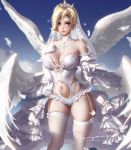  1girl artist_name bare_shoulders blonde_hair blue_background blue_eyes blush breasts bridal_veil cleavage closed_mouth collarbone commentary detached_sleeves elbow_gloves english_commentary feathered_wings feathers frills garter_straps gloves hand_on_own_chest highres large_breasts leotard liang_xing looking_at_viewer mercy_(overwatch) multiple_wings navel navel_cutout outstretched_arm overwatch red_lips short_hair signature skindentation smile solo standing strapless strapless_leotard thigh-highs tiara veil waist_cape watermark web_address white_gloves white_legwear white_leotard white_wings wings 