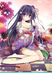  1girl absurdres bangs barefoot blush breasts checkered checkered_floor cleavage closed_mouth eyebrows_visible_through_hair floral_background floral_print flower frilled_kimono frills hair_between_eyes highres japanese_clothes kimono large_breasts long_hair looking_at_viewer nanaroba_hana original purple_hair purple_kimono scan sitting smile solo tareme thighs violet_eyes wide_sleeves yokozuwari 