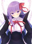  1girl bb_(fate)_(all) bb_(fate/extra_ccc) black_cloak blush breasts chains cloak closed_mouth commentary_request fate/grand_order fate_(series) firepo hair_ribbon hands_on_hips head_tilt highres large_breasts long_hair long_sleeves looking_at_viewer neck_ribbon purple_hair red_neckwear red_ribbon ribbon shirt smile solo taut_clothes taut_shirt turtleneck upper_body very_long_hair violet_eyes white_background white_shirt wide_sleeves 