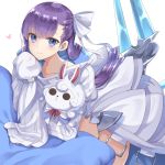  1girl bangs blue_eyes blush bow character_doll closed_mouth collarbone commentary_request eyebrows_visible_through_hair fate/extra fate/extra_ccc fate_(series) fou_(fate/grand_order) hair_bow heart jacket juliet_sleeves long_hair long_sleeves meltlilith object_hug pillow puffy_sleeves purple_hair simple_background sleeves_past_fingers sleeves_past_wrists smile solo stuffed_toy very_long_hair white_background white_bow white_jacket yuzu-aki 