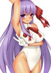 1girl :q arm_up armpits bb_(fate)_(all) bb_(swimsuit_mooncancer)_(fate) breasts covered_navel eyebrows_visible_through_hair fate/grand_order fate_(series) gloves hair_ribbon highleg highleg_leotard large_breasts leotard long_hair looking_at_viewer purple_hair red_ribbon ribbon simple_background sleeveless solo tan tongue tongue_out toshishikisai v very_long_hair violet_eyes white_background white_gloves white_leotard 