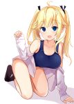  1girl :d absurdres ahoge all_fours bare_shoulders black_legwear black_ribbon blonde_hair blue_eyes blue_swimsuit blush breasts collarbone fang grisaia_(series) grisaia_no_kajitsu hair_ribbon hand_up highres large_breasts long_hair long_sleeves looking_at_viewer matsushima_michiru natsu_(sinker8c) off_shoulder open_clothes open_mouth open_shirt pinching_sleeves ribbon school_swimsuit shadow shirt sidelocks simple_background sleeves_past_wrists smile socks solo swimsuit thick_eyebrows thighs twintails white_background white_shirt 