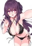  1girl :d armpits bikini black_bikini blush breasts cleavage commentary_request cowboy_shot criss-cross_halter cu-no foreshortening glasses hair_between_eyes halterneck hand_up hisenkaede jewelry kokonoe_tamaki large_breasts leaning_forward long_hair looking_at_viewer navel one_side_up open_mouth pince-nez purple_hair red_eyes rimless_eyewear round_eyewear self_shot side-tie_bikini simple_background smile solo standing stomach swimsuit v very_long_hair white_background 