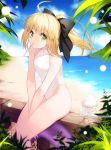  1girl ahoge artist_name artoria_pendragon_(all) beach black_bow blonde_hair blue_sky bow clouds cowboy_shot day fate/unlimited_codes fate_(series) glass green_eyes hair_bow highleg highleg_swimsuit innertube looking_at_viewer mouth_hold outdoors ponytail railing saber_lily shaved_ice sitting sky solo swimsuit turtleneck vilor white_swimsuit 