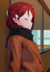  1girl black_scarf blurry blurry_background brown_coat chromatic_aberration closed_eyes coat hair_ornament hairclip half_updo long_hair long_sleeves love_live! love_live!_sunshine!! redhead sakurauchi_riko scarf sellel smile solo upper_body window winter_clothes 