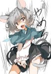  1girl animal_ears bangs black_skirt blue_capelet capelet commentary_request cowboy_shot fang grey_hair highres karasusou_nano long_sleeves looking_at_viewer miniskirt mouse mouse_ears mouse_tail nazrin open_mouth petticoat red_eyes shirt short_hair simple_background skirt solo standing tail thighs touhou translated v_arms white_background white_shirt wing_collar 