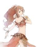  1girl bare_shoulders bracelet brown_hair chizu_(fiute) cowboy_shot dancer green_eyes hairband jewelry long_hair looking_back midriff octopath_traveler parted_lips ponytail primrose_azelhart simple_background solo strapless tubetop white_background 