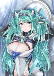  1girl armor bangs blush breasts cleavage cleavage_cutout earrings elbow_gloves gem gloves green_eyes green_hair hair_ornament headpiece highres jewelry large_breasts long_hair looking_at_viewer nintendo pneuma_(xenoblade) sarasadou_dan smile solo spoilers swept_bangs tiara twintails very_long_hair xenoblade_(series) xenoblade_2 