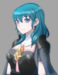  1girl armor blue_eyes blue_hair breasts byleth cape fire_emblem fire_emblem:_three_houses grey_background grimmelsdathird hair_ornament highres long_hair looking_at_viewer nintendo short_hair simple_background smile solo 