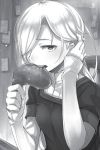  1girl adjusting_hair ayakura_juu eating food greyscale hair_over_one_eye holding holding_food indoors long_hair long_sleeves looking_at_viewer monochrome novel_illustration official_art shiny shiny_hair shirt sitting solo spice_and_wolf 