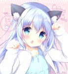  1girl amedamacon animal_ear_fluff animal_ears arm_up bangs blue_eyes blue_hair blue_shirt blush cat_day cat_ears character_name chestnut_mouth collarbone commentary_request dated eyebrows_visible_through_hair gochuumon_wa_usagi_desu_ka? hair_between_eyes hair_ornament hand_up head_tilt hood hood_down hooded_jacket jacket kafuu_chino long_sleeves looking_at_viewer open_clothes open_jacket open_mouth paw_pose shirt sleeves_past_wrists solo upper_body white_jacket x_hair_ornament 