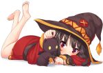  1girl bare_legs barefoot belt black_hair brown_hat chomusuke commentary_request creature dress feet full_body hat kono_subarashii_sekai_ni_shukufuku_wo! legs_up long_sleeves looking_at_viewer lying megumin on_stomach pensuke red_dress red_eyes short_hair simple_background soles toes white_background witch_hat 