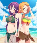  2girls beach bikini blue_sky blush day error girlish_number green_bikini_top green_eyes grey_skirt groin hand_holding hand_up katakura_koto long_hair looking_at_viewer multiple_girls navel ocean orange_hair purple_hair ramu_(taka1995) shibasaki_kazuha skirt sky smile standing swimsuit very_long_hair violet_eyes yellow_bikini_top 