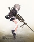  1girl astg backpack bag bolt_action cheytac_m200 commentary girls_frontline gloves gun headphones highres holding holding_gun holding_weapon jacket m200_(girls_frontline) official_art open_clothes open_jacket ponytail rifle shoes silver_hair simple_background skirt sneakers sniper_rifle socks solo violet_eyes weapon 