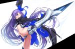  1girl :d armored_boots belt blue_eyes blue_ribbon boots crotch_plate fate/extra fate/extra_ccc fate_(series) hair_ribbon kicking long_hair meltlilith open_mouth prosthesis prosthetic_leg purple_hair ribbon sleeves_past_wrists smile solo spikes takanashi_kei_(hitsujikan) very_long_hair 