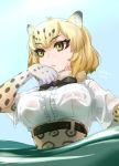  1girl ajino_(sakanahen) animal_ears black_bow black_neckwear blue_sky bow bowtie breasts dated day fur_collar half-closed_eyes jaguar_(kemono_friends) jaguar_ears jaguar_print kemono_friends large_breasts looking_to_the_side outdoors partially_submerged see-through short_hair short_sleeves sky solo upper_body wet wet_clothes yellow_eyes 