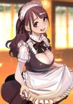  1girl :d apron breasts brown_eyes brown_hair cleavage dytm frills hair_ribbon highres long_hair looking_at_viewer maid maid_headdress open_mouth original ribbon smile teeth 