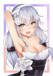  1girl arm_up armpits bangs bare_shoulders black_dress blush breasts cleavage collarbone commentary dress eyebrows_visible_through_hair facial_mark flower girls_frontline green_eyes grey_hair hair_ornament hairband heart highres hk416_(girls_frontline) long_hair looking_at_viewer medium_breasts meow_nyang nose_blush open_mouth outline solo strapless strapless_dress upper_body white_flower white_hairband white_outline 