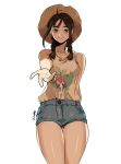  1girl blush braid brown_eyes brown_hair commission eyebrows foreshortening hat highres long_hair looking_at_viewer original outstretched_arm outstretched_hand pyojunbe reaching_out short_shorts shorts simple_background smile solo straw_hat sun_hat tank_top thick_eyebrows thighs twin_braids white_background 