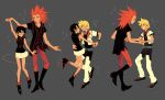  1girl 2boys alternate_costume arm_around_waist black_hair closed_eyes dancing eye_contact ginkoseed grey_background hand_holding highres jacket kingdom_hearts kingdom_hearts_iii lea_(kingdom_hearts) looking_at_another multiple_boys open_mouth redhead roxas short_hair skirt sleeveless smile spiky_hair spoilers xion_(kingdom_hearts) 