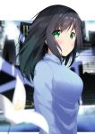  1girl arms_at_sides bangs black_hair blue_sweater blurry blurry_foreground blush breasts cityscape clenched_teeth commentary_request depth_of_field eyebrows_visible_through_hair flower green_eyes hair_between_eyes kogyokuapple long_hair long_sleeves looking_at_viewer looking_to_the_side medium_breasts original ribbed_sweater solo sweater teeth upper_body white_flower 