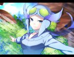  1girl blue_eyes blue_hair blurry blurry_background choker collarbone creatures_(company) floating_hair game_freak helmet long_hair looking_at_viewer nagi_(pokemon) nintendo outstretched_arms pokemon pokemon_(game) pokemon_oras ponytail smile solo upper_body yuihiko 